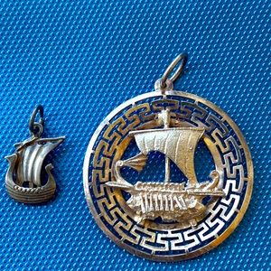 Vintage sterling silver Greek keys Viking ship pendant AZB or AZS & char…